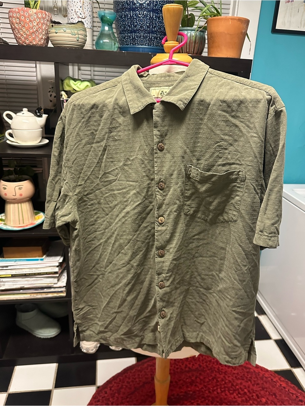 Seven palm 100% silk Short-Sleeve Button-Down Shirt in Olive Green